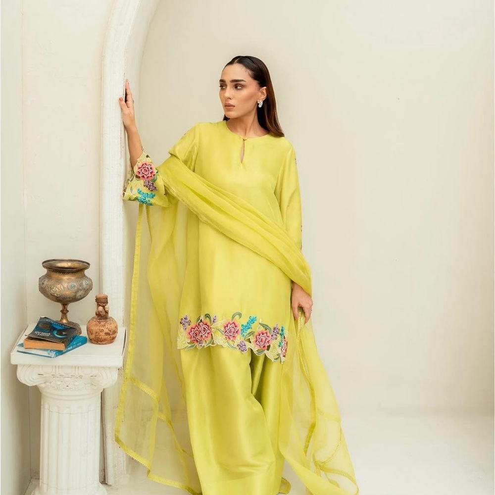 Elegant Floral Embroidered Farshi Shalwar Outfit